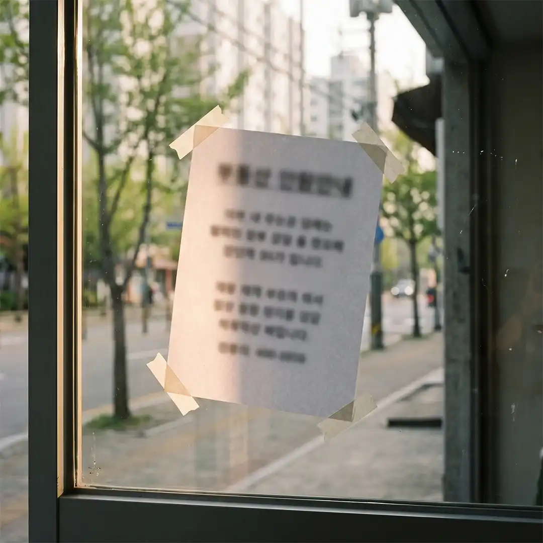 사무소 유리창에 테이프로 붙여 둔 A4 공지문